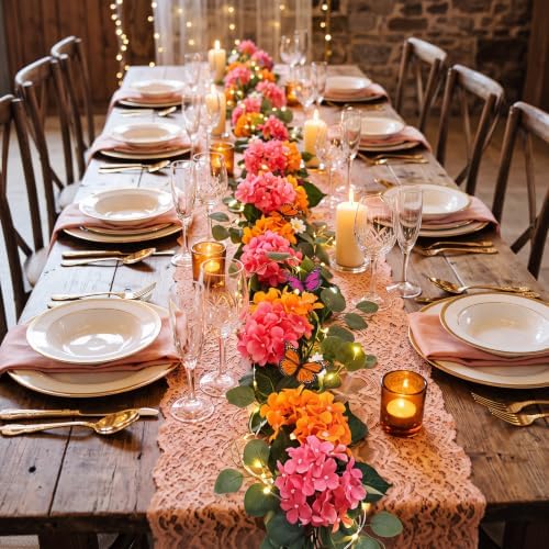 1 Pcs 6ft Artificial Hydrangea Floral Garland with Eucalyptus Leaves, Butterflies and Lights, Fake Flower Vines for Wedding Arch Wall Table Centerpiece Summer Party Decor (Pink and Orange) - Image 4