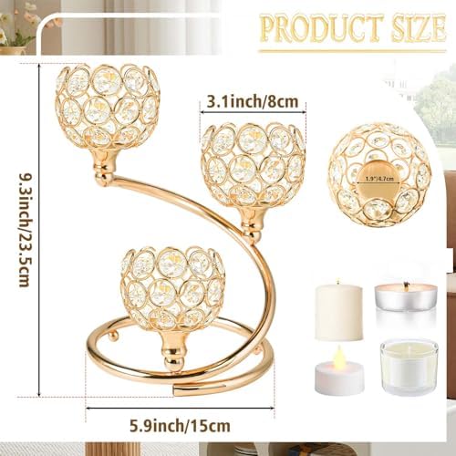 Metal Crystal Candle Holder Set of 2 - Elegant 3-Arm Metal Tea Light Centerpiece with Shining Crystal Bowl, Wedding Anniversary Table Decor for Dining, Party (Gold, 2 Pcs 3 Arm) - Image 2