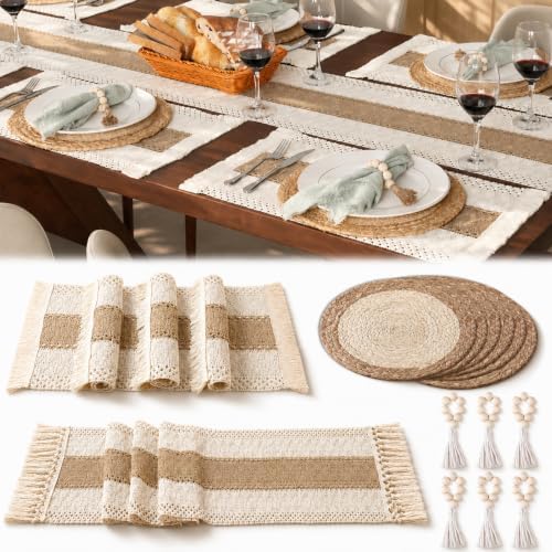 Boho Woven Placemats, Charger Plates Table Runner and Napkin Ring Set of 6 by Unknown