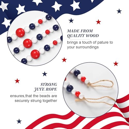 Giegxin 1 Pcs 32.8 ft 4th of July Wooden Bead Garland Patriotic Hanging Garland Farmhouse Beads Decor for Independence Day Mantel Table Party Wall Home Decorations (Blue,Red,White) - Image 3