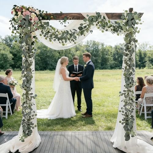 6 Pack Artificial Eucalyptus Garland 6.2 Long Faux Silk Leaf Eucalyptus Leaves Vines Greenery Garland with White Flower All Season for Wedding Arch Indoor Outdoor Wall Decoration - Image 7