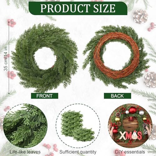 Zeyune 4 Pcs 14" Christmas DIY Green Wreath Artificial Wreath Cypress Style - Image 2