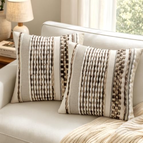 ANRODUO Boho Decorative Pillow Covers Dark Brown Stripe 20x20 Pack of 2 - Image 3