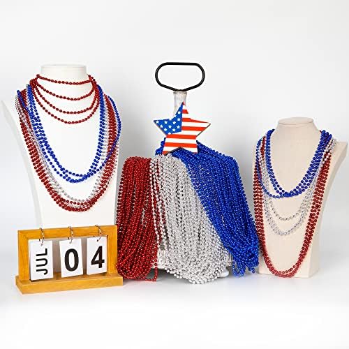 4th of July Necklace Bulk, 120PCS Fourth of July Beads Necklace, Round Independence Day Red Blue Silver Necklaces, Beads Bulk for Patriotic Parade Party Celebration Favors Decorations - Image 4