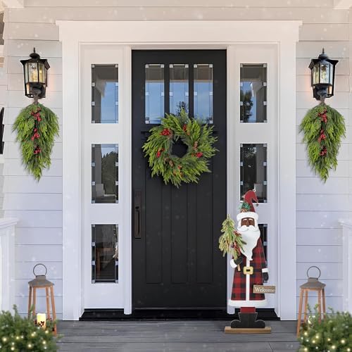 Glitzhome 36''H Lighted Wooden Africa Santa Porch Decor with Timer & LED Lights, Christmas Standing Santa Porch Sign Decor with Xmas Tree and Welcome Plaques for Front Door Outdoor Decor - Image 5
