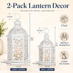 Lanterns Decorative Outdoor&Indoor, Set of 2 (15"&7") White Metal Lantern Decor, Candle Holder for Porch, Patio, Christmas, Balcony, Wedding, Table Centerpiece - Image 5