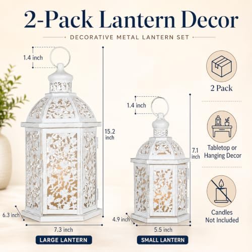 Lanterns Decorative Outdoor&Indoor, Set of 2 (15"&7") White Metal Lantern Decor, Candle Holder for Porch, Patio, Christmas, Balcony, Wedding, Table Centerpiece - Image 5