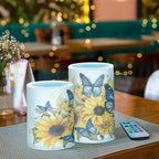 ALAZA Blue Butterflies Sunflowers Flickering Flameless Candles Battery Operated with Remote Timer,Tea Light Candles LED Pillar Votive Candles Set of 2 for Outdoor Indoor Decorations - Image 6