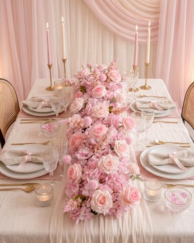 36inch Aisle Flower Garland with Chiffon Sheer Drape, Mixed Pink Artificial Flowers Rose with Hydrangea, Floral Runner for Wedding Arch, Backdrop, Reception Table Decor, Ceremony Pathway - Image 2