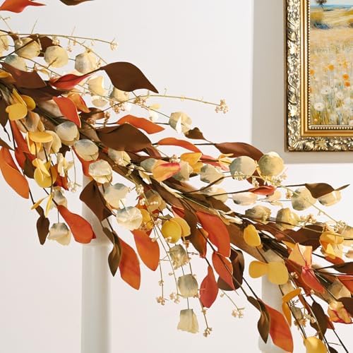 Fall Decor, Fall Garland with Lights, 9FT Autumn Eucalyptus Leaves Lighted Garland Thanksgiving Harvest Festival Decorations for Home Mantle Porch Outdoor Indoor Wedding Table Wall Arch Decor - Image 2