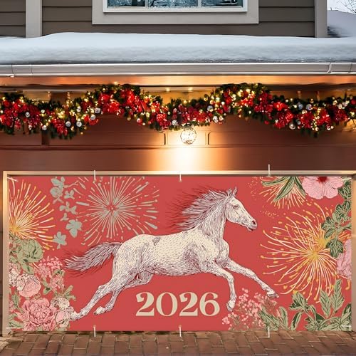 Garage Door Banner 7x16FT, 2026 Fireworks and Running Horse Garage Door Cover, Large Outdoor Decoration for Garage Doors, Driveways, New Year Parties and Countdown Celebrations by ANNAQUEEN