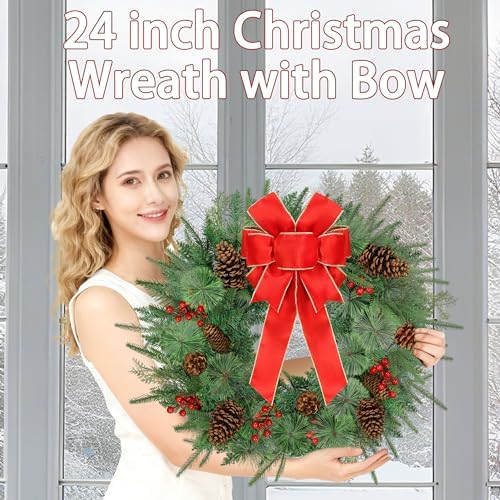 26 Inch Christmas Wreath Decorations,Artificial Wreaths with 50 LED Lights 8 Modes & Timer & Remote Control,144 PVC Tips,Large Red Bow,Pine Cones,Berries for Front Door,Indoor/Outdoor Holiday Decor - Image 7