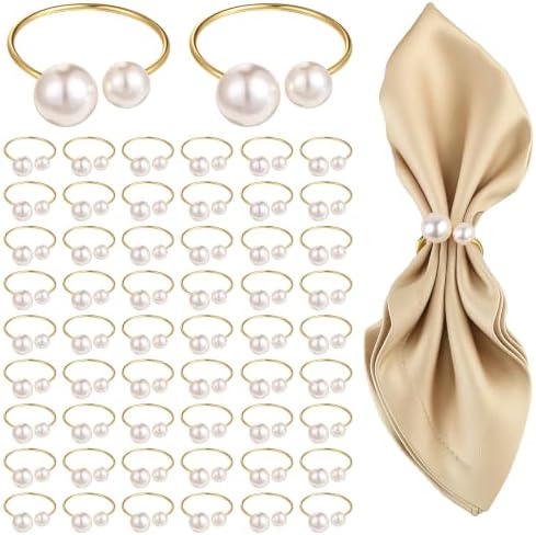 Set of 80 Pearl Napkin Rings, Gold Napkin Ring Holders with Faux Pearls by Unknown