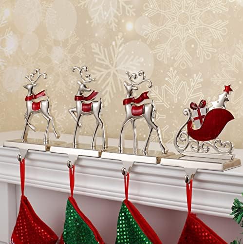 Set of 4 Reindeer Christmas Stocking Hangers for Mantel Xmas Stocking Hooks for Fireplace Mantle,Metal Free Standing Indoor Sleigh Stocking Holder for Christmas Decorations (Red Reindeer Set) by Layseri