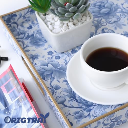 Serving Tray with Handles, 2 Pack Rectangular Plastic Tray 15.75x11.81 Inch, Blue and White Peony Chinese Porcelain Style Decorative Tray for Kitchen, Dining Table, Vanity, Office & Home - Image 3