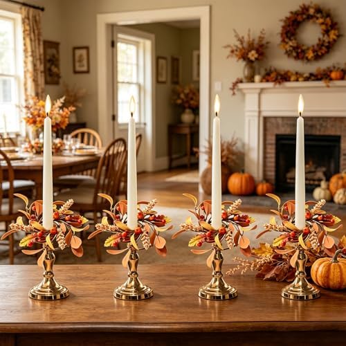 8 PCS Fall Taper Candle Rings Wreaths 1.38" Pumpkin Berries Wheat Taper Candle Holder Wreaths Thanksgiving Autumn Harvest Mini Floral Wreath for Pillar Candle Farmhouse Home Table Candlesticks Decor - Image 2