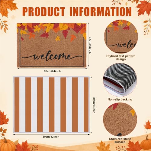 2 Pcs Fall Maple Leaves Welcome Doormats Autumn Outdoor Rug Striped Layering Porch Mats Non Slip Thanksgiving Entryway Shoe Scraper Washable Front Door Carpet Farmhouse Decorations 24x32 Inch - Image 2