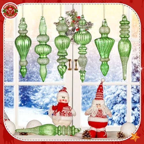 Soaoo 6 Pcs 6.3 in Flash Green Mercury Glass Finial Christmas Ornaments - Image 4