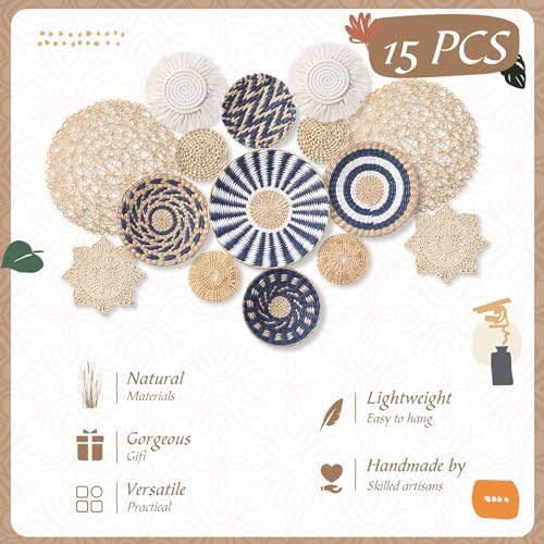 15 Pcs Boho Rattan Wall Baskets Hanging Decor, Blue Style - Image 3