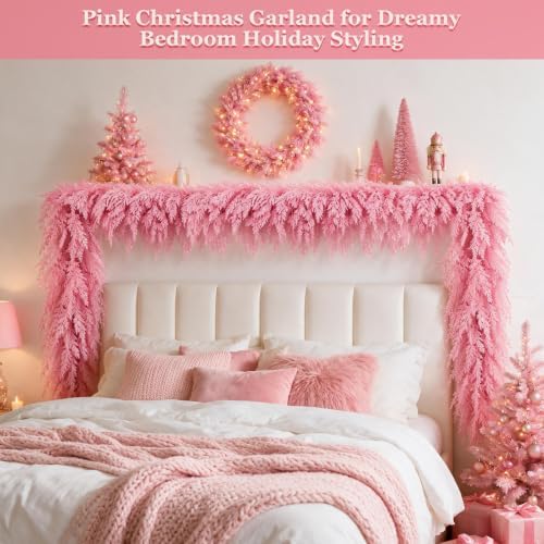 12FT Pink Christmas Cedar Garland, Realistic Artificial Garland, Soft Pastel Xmas Decorations Indoor Outdoor, Faux Holiday Garland for Mantle, Fireplace, Table, Door, Wedding Party Decor - Image 4