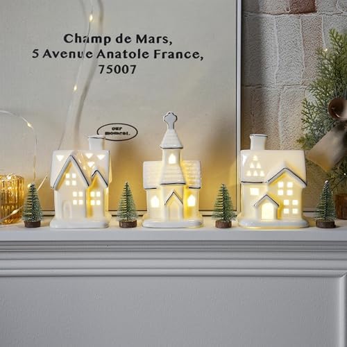 White Christmas Village Houses, Glazed Ceramic Houses with Xmas Trees Set - Image 5