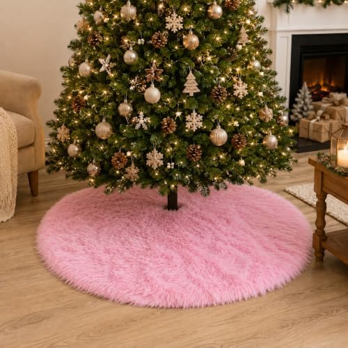 60 Inch Christmas Tree Skirt - Fluffy Faux Fur Pink Tree Skirt, Pink Plush Xmas Holiday Decor for Parties, Small Round Tree Skirt - Image 3