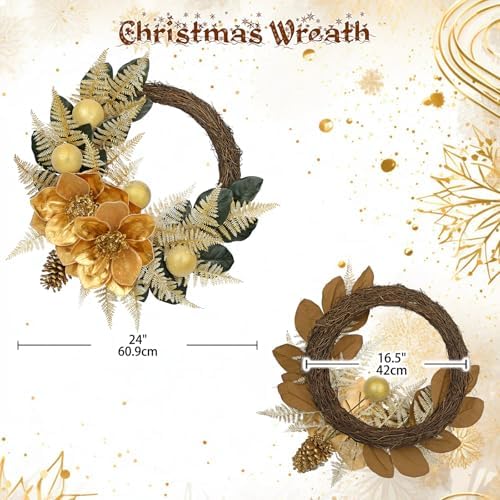 24" Christmas Wreath for Front Door – Artificial Winter Half Wreath with Gold Maglonia Flower, Ball Ornaments, Fern Leaves for Indoor & Covered Outdoor Holiday Christmas Decoration - Image 2