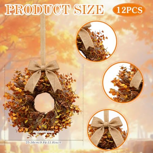 12 Pcs Small Fall Hanging Wreaths with Artificial Autumn Eucalyptus Leaves Natural Pine Cones Mini Cabinet Wreath for Home Table Centerpieces Kitchen Farmhouse Thanksgiving Party Decor - Image 2