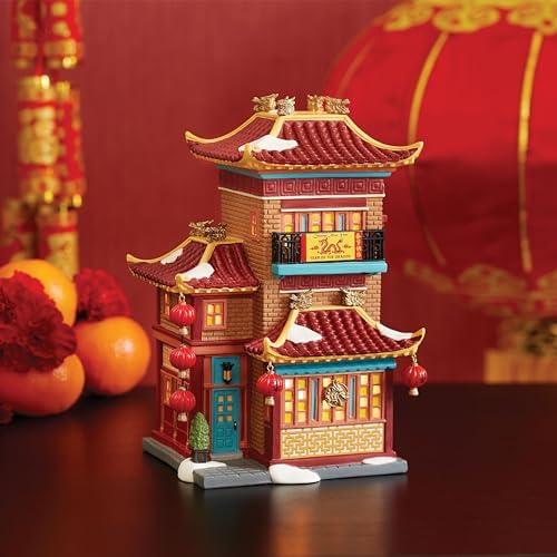 Department 56 Christmas in the City Village Collection Lunar New Year Dragon Tea House Lit Building- Hand Crafted Resin Buildings Lunar Dragon Figurine Village Houses with Lights Home Decor, 7.64 Inch - Image 2