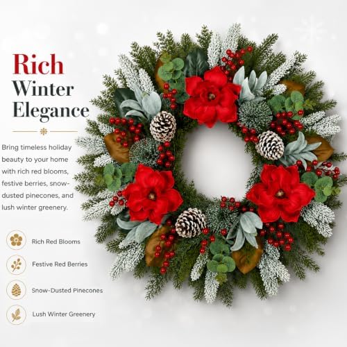 28 Inch Christmas Wreath for Front Door, Frosted Red Magnolia Winter Wreath - Image 2