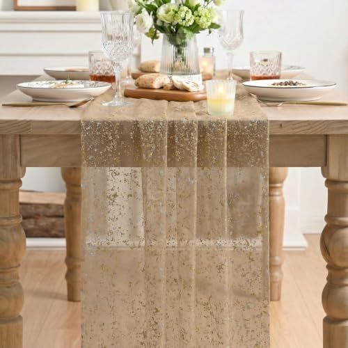 Artoid Mode 6PC Coffee Gold Gauze Table Runner 120 Inch 10FT, Glitter Metallic Foil Sheer Dining Wedding Anniversary Holiday Birthday Table Decor for Home Party - Image 2