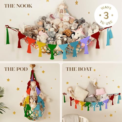 TIDYTEDS Macrame DreamLights Boho Animal Storage Net - Extra Large and Small Stuffed Animal Net or Hammock (Rainbow) - Image 4