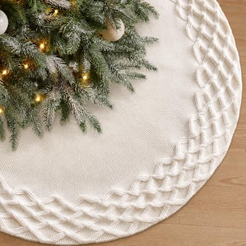 TOCHGREEN White Knitted Christmas Tree Skirt 48inch Chunky Knit Tree Skirt by TOCHGREEN