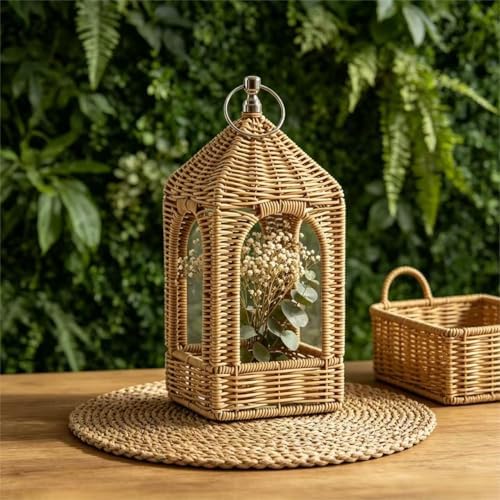 Handmade Artificial Rattan Candle Lantern, Boho Woven Decorative Lantern for Indoor & Outdoor Patio Garden Wedding Decor (1) - Image 7