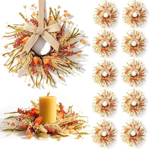 12 Pcs Mini Fall Wreaths for Kitchen Cabinets Thanksgiving Artificial Wreaths Autumn Hanging Wreath Harvest Candle Rings Farmhouse with Ribbon for Front Door Porch Wall Window Decoration by Unknown