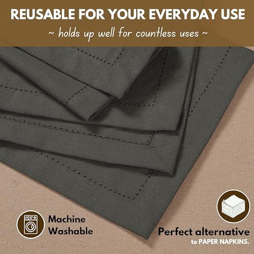 Native Fab Gray Cloth Napkins 100% Cotton, Set of 12, 18x18 inch, Hemstitched Edges with Mitered Corners, Soft, Absorbent, Reusable Table Napkins for Celebrations, Events, Lunch, Dinner, Grey - Image 2