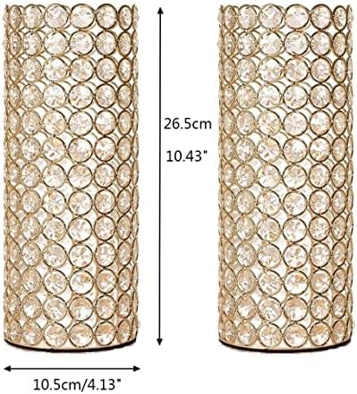2 Pcs Gold Crystal Metal Tealight Candle Holder for Centerpieces, 10.4 inch Tall Blingbling Hurricane Candle Holder, Decorative Cylinder Vases for Centerpieces Room Decor Party - Image 4