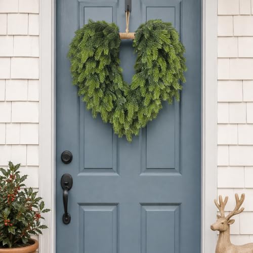 24" Artificial Norfolk Pine Heart-Shaped Christmas Wreath for Front Door - Image 2