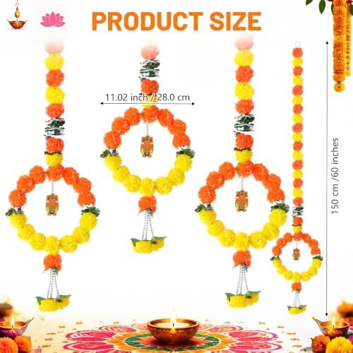 Suncalla 5 Pcs 5 ft Diwali Marigold Garland for Pooja Decor, Orange Yellow - Image 2