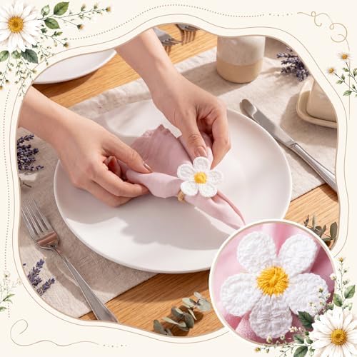Patelai 50 Pcs Wedding Flower Napkin Rings White Embroidered Woven Floral Napkin Holders Table Decoration for Wedding Party, Home Banquet, Baby Shower Dinner Party, Summer, Holiday, Housewarming Gift - Image 5