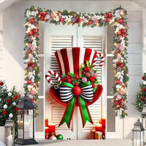 prelit 6ft Christmas Garland with 25 LED Lights with Timer, prelit red White Garland with Plenty Hand-Painted Ornaments,Festive Lighted Winter Decor for Front Door, Mantel, Stair & Fireplace - Image 3