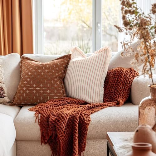 ZWJD Throw Pillow Covers 20x20 Set of 2 Striped Pillow Covers with Fringe Chic Cotton Decorative Pillows Square Cushion Covers for Sofa Couch Bed Living Room Farmhouse Decor - Image 3