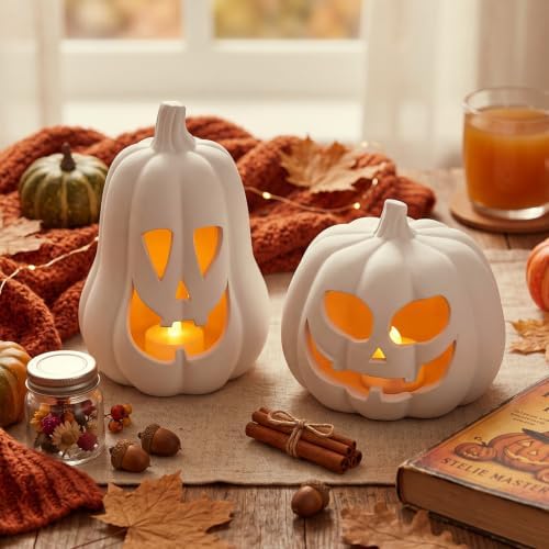 Tioncy Halloween Decor Terracotta Jack O Lantern Pumpkin Decor,Beige - Image 4