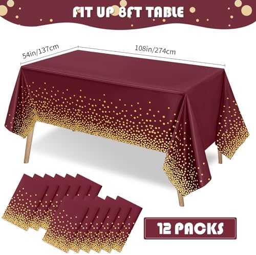 Tegeme 12 Pcs Maroon, Gold Plastic Tablecloths Burgundy Table Cloths Party - Image 3