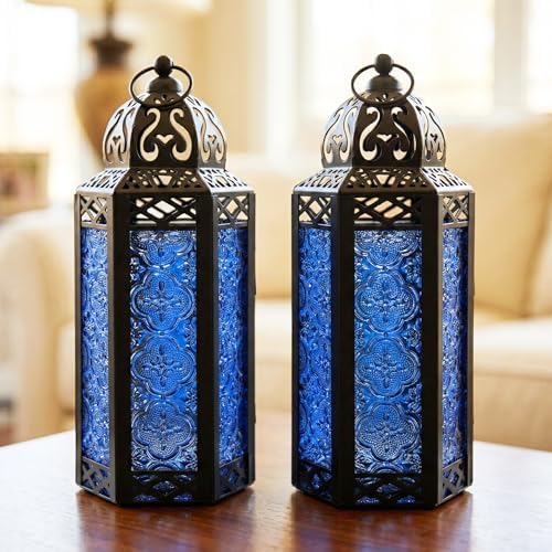 Vela Lanterns Decorative Indoor Moroccan Candle Holder, Cobalt, M, 2-Pack - Image 2