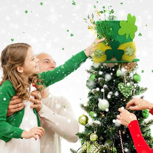 Glooglitter St. Patrick's Day Tree Topper Hat with Projector Large Green Clover Velvet Hat Leprechaun Decor with LED Light Rotating Green Shamrock for St Patricks Day Irish Home Decoration - Image 5