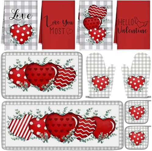 VitalCozy Set of 10 Valentine's Day Kitchen Towels Heart Kitchen Mats Oven Mitts and Pot Holders Set Absorbent Red Tea Hand Towels Valentine's Day Decorative Towel for Baking Cooking BBQ by VitalCozy