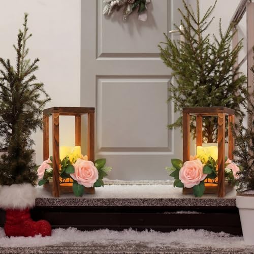 Hushee 30 Pcs Wooden Wedding Lantern Centerpiece, Pink Rose, Brown - Image 4