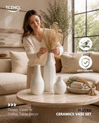 Minimal Line White Ceramic Vase Set of 3, Matte Decorative Flower Vases - Image 2