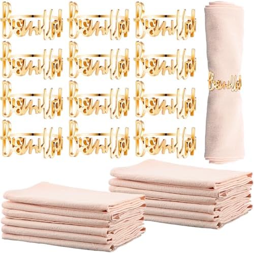 24 6 Set Gold Napkin Rings and Cotton Napkins Bismillah Letter Metal Napkin Buckles Dinner Cloth Napkins Muslim Table Decoration for Ramadan Party Islamic Holiday (Gold) by Sunnychicc